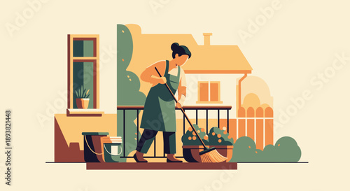 A gardener tending potted plants in a sunlit backyard garden scene.