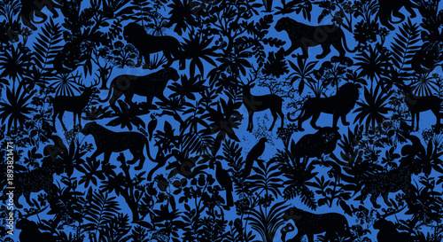 Intricate blue pattern featuring deer silhouettes and lush foliage for decorative design and textile use.