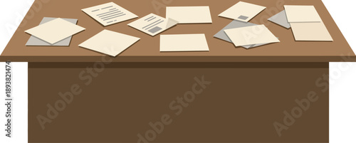 Cluttered Brown Wooden Desk with Scattered Papers Documents and Letters for Overworked Concept