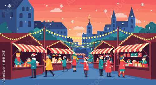 Evening street market with colorful stalls and distant city skyline.