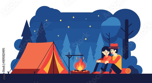 Two people camping by a lit campfire in a dense forest at night under a starry sky, enjoying the outdoors.