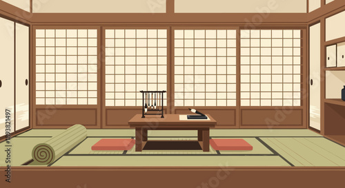Traditional Japanese tatami room interior with shoji screens, low table, cushions, and tokonoma alcove.