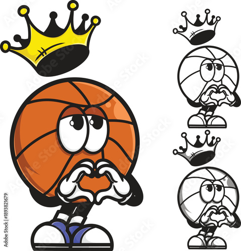 Basketball King Mascot Vector, Cartoon Ball with Crown and Heart Hands Gesture