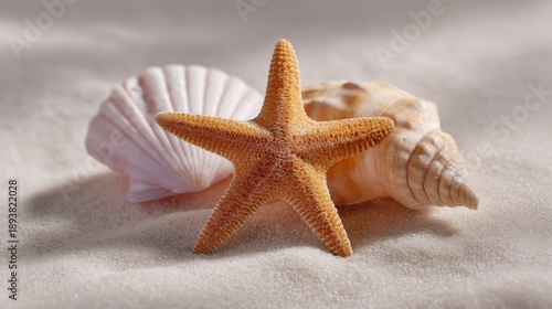 Close-up of a starfish and two seashells on a sandy surface. the starfish is in the center of the image, with its five arms stretched out in front of it. it is orange in color and has a pointed tip.