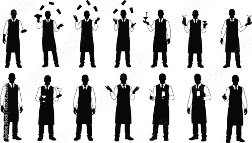 Bartender silhouettes set showing cocktail mixing, drink serving, flair bartending poses, bar service professionals, and nightlife hospitality activities isolated on white background
