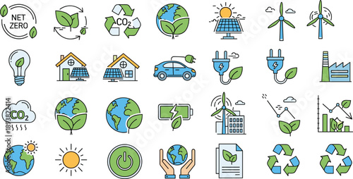 Collection of flat linear eco icons, net zero sustainability symbols with green energy wind turbines solar panels and earth globe recycling vector.