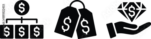 black wealth icons showing money, currency bag and diamond gemstone symbols, clean modern financial graphics isolated