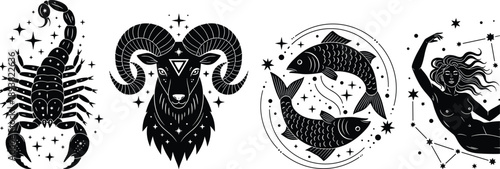 Collection of mystical zodiac signs vector illustrations, Scorpio Aries Pisces and Virgo astrology symbols, black and white celestial icons for horoscope design.