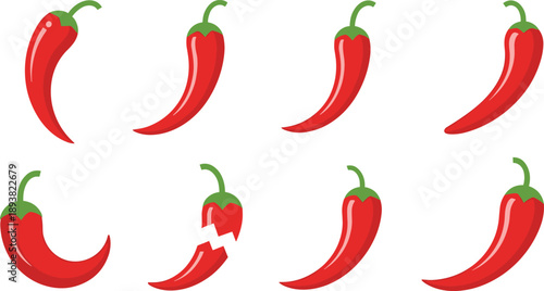 Collection of red hot chili pepper illustrations, spicy Mexican food ingredient icons, organic vegetable set with whole and broken peppers for cooking.