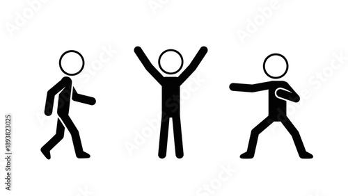 Simple black stick figures showing different human actions and emotions.