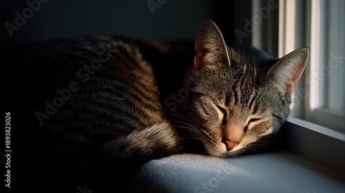 Close-up of a cat sleeping on a window sill. the cat is lying on its side with its head resting on its front paws and its eyes closed.