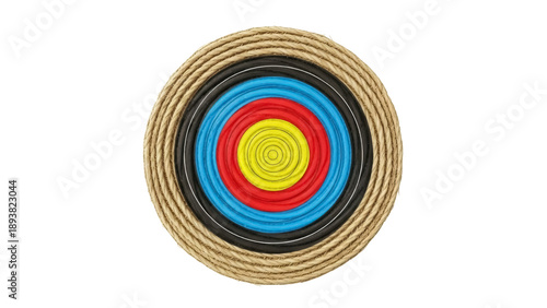 Foto Isolated target board with concentric colored circles for archer aiming practice