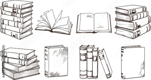 Collection of vintage book sketches, hand drawn library stacks and open literature volumes, black and white vector engraving for education and reading.