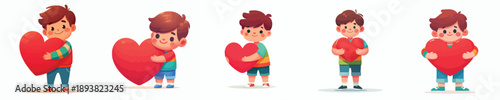 vector of a little boy hugging a heart symbol full of affection on valentine