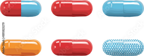 Colorful medical capsules illustration set isolated on white background, pharmaceutical pill collection, healthcare medicine concept, vector vitamins antibiotics supplement design stock image