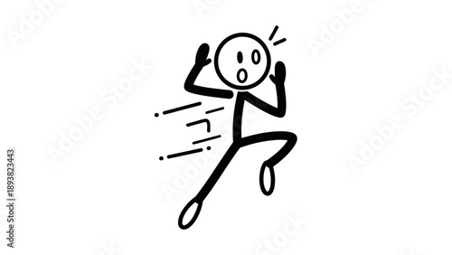 Simple stick figure running in a panic with a shocked expression.