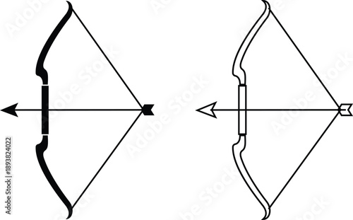 Bow icons collection and group of archery weapon set isolated on transparent background, flat line black vector illustration of hunting arrows and traditional bow symbols