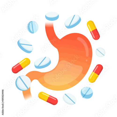 Stomach with pills and capsules, concept of medicine and health