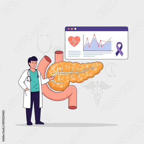 Doctor Explains Pancreas Health and Statistics on Digital Display