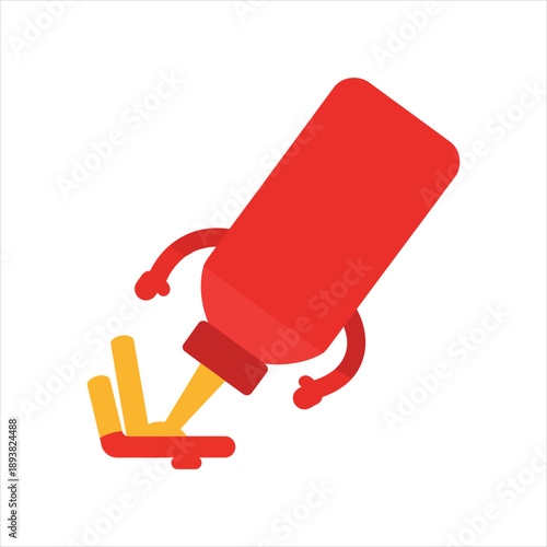 Cartoon ketchup bottle running with trails of ketchup playfully illustrated