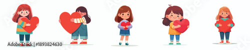 vector of a little girl hugging a heart symbol full of affection on valentine