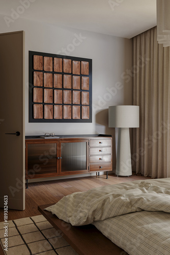 Fotografía Cozy modern bedroom with low bed, dresser, and wall art