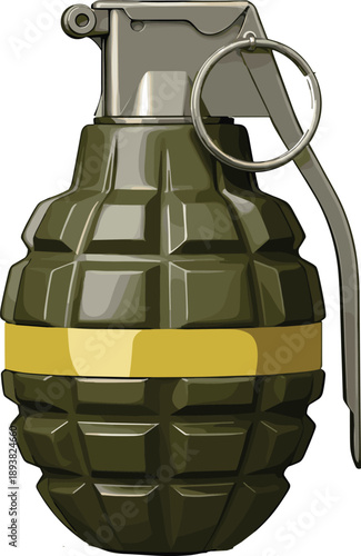 Detailed vector illustration of an olive green fragmentation hand grenade with a safety pin and yellow stripe for military and defensive weaponry design