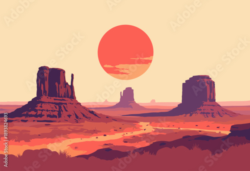 Monument Valleys Mittens rock formations standing isolated vast desert Minimalist composition giant red sun horizon