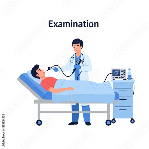 Doctor performing endoscopy on patient lying in hospital bed, medical examination