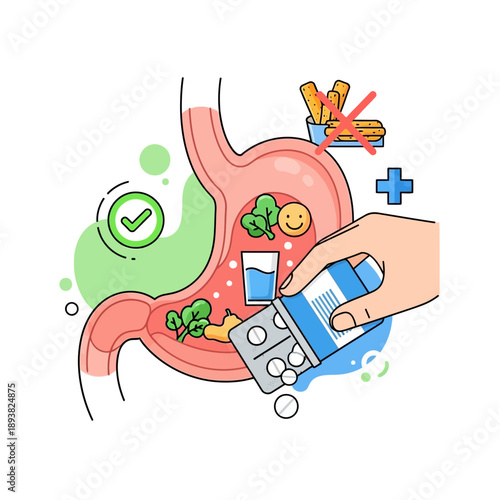 Healthy Stomach Diet vs Junk Food: Nutrition, Digestion, and Medication Concept