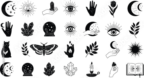 Esoteric mystical icon set featuring celestial moons magical crystals evil eyes and occult symbols for tarot readers spiritual branding and witchcraft themed designs