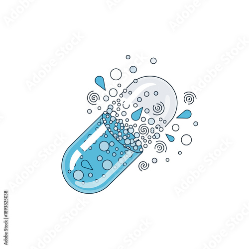 Open Capsule Releasing Blue Liquid and Bubbles, Medical Concept