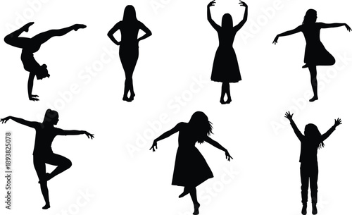 Black silhouettes of female dancers performing various dance styles and ballet poses isolated on white, vector illustration graceful woman movement collection art set,