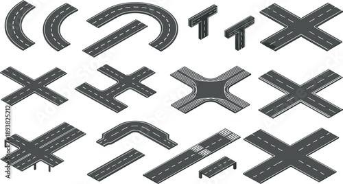 Isometric vector illustration set of various asphalt road segments including highway intersections crosswalks curved paths and bridges for urban traffic and city map design