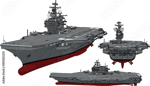 Military aircraft carrier vector illustration set featuring isometric side and front view profiles for naval defense maritime warfare and ocean navy ship design