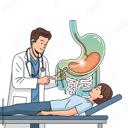 Doctor Performing Endoscopy on Patient, Illustrating Stomach Examination