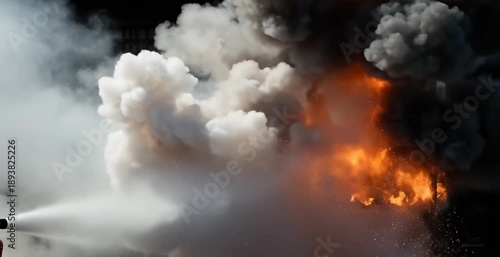 Fire extinguisher spraying white powder into large orange fire, showing suppression of flames and dense smoke. Safety training concept.