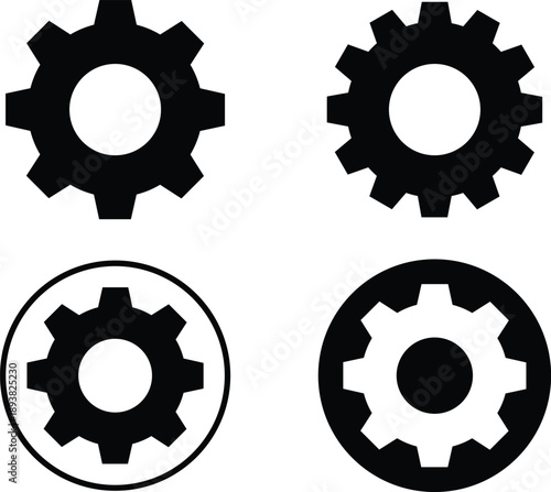 Gear Icon Set Black Mechanical Cogs in Circle Variants for Tech, Industry and Engineering.