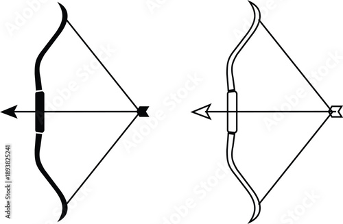 Bow icons collection and group of archery weapon set isolated on transparent background, flat line black vector illustration of hunting arrows and traditional bow symbols
