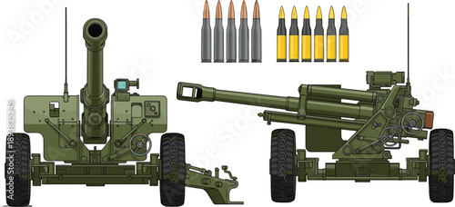 Military artillery howitzer illustration, front and side views, detailed cannon weapon system with ammunition shells, isolated white background vector design infographic diagram