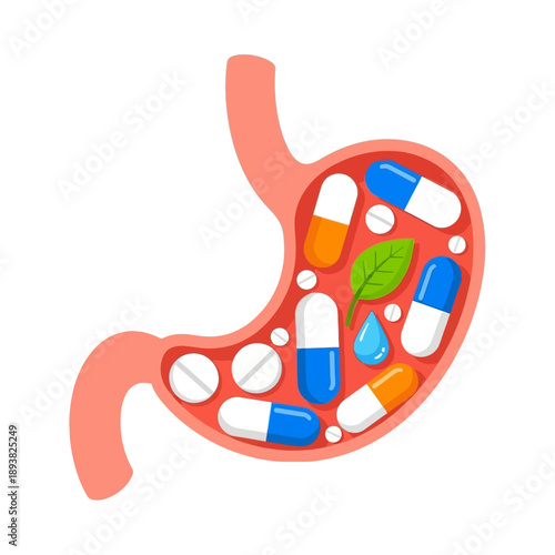 Stomach Filled With Pills and Capsules, Medical Treatment Concept