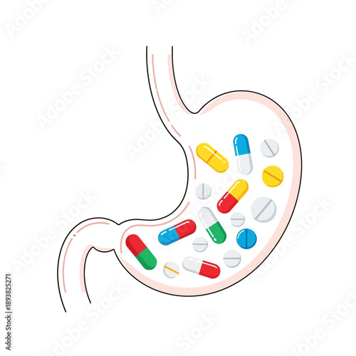 Stomach Filled with Various Pills and Capsules, Medical Treatment Concept