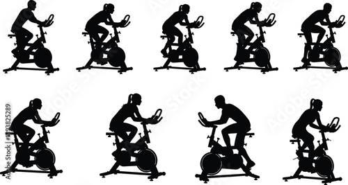 Black silhouettes of people on stationary exercise bikes set, isolated vector illustrations of men and women cycling for fitness, cardio gym workout, and health