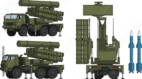 Mobile air defense missile system illustration, military launcher truck with radar and rockets, front side rear views, isolated white background vector design