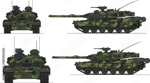 Military main battle tank vector illustration set featuring front and side view profiles with camouflage pattern for army defense and armored warfare design