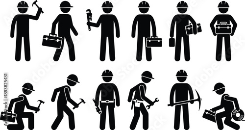 Construction worker silhouette set, industrial laborer tools, builder repair activities, maintenance technician icons, handyman equipment illustration collection