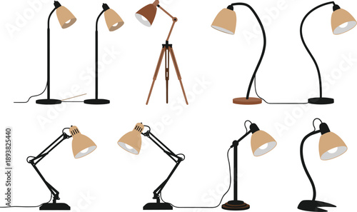 Modern desk and floor lamps illustration, minimal lighting collection isolated on white background, home office decor, adjustable reading light set, vector, interior