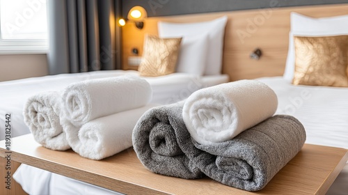 White and gray towels are stacked on a wooden surface in a hotel room with beds and decorative pillows in the background