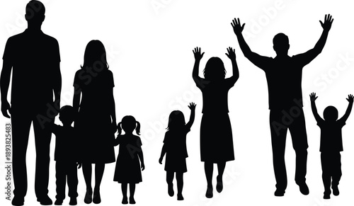 Black silhouettes of happy families and groups with children jumping and playing, representing joy, togetherness, and active community life isolated on white background.