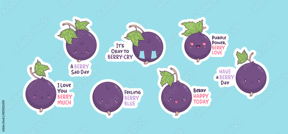 Fototapeta premium Blackcurrant Emoji Sticker Pack. Funny Kawaii Berry Mascot Characters with Pun Phrases and Emotional Expressions for Social Media and Mental Health Design. Isolated Vector illustration